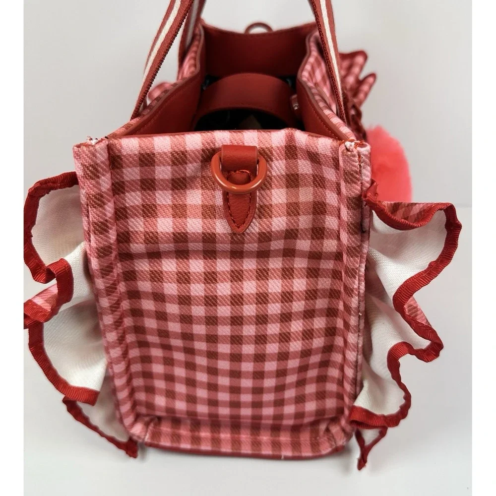 Betsey Johnson Pink Red Gingham LB Ruffle Tote Bag Heart Charm Crossbody NWT